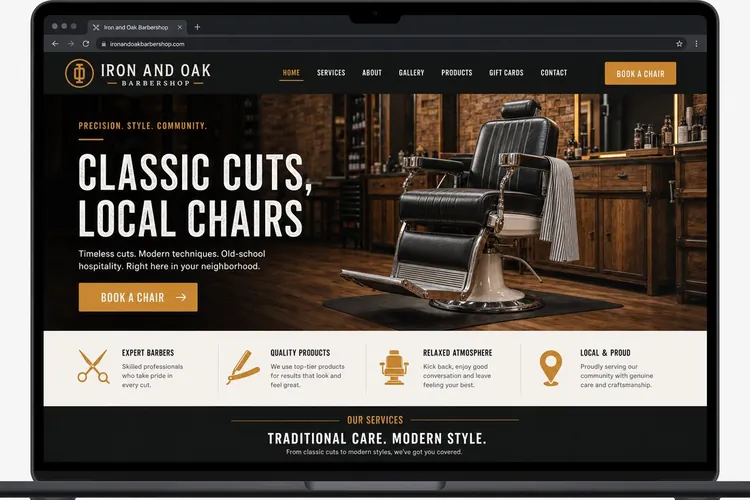 Website mockup for Iron & Oak Barbershop, a barbershop business