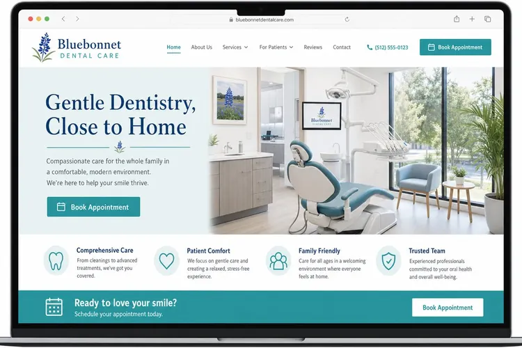Website mockup for Bluebonnet Dental Care, a dental practice business