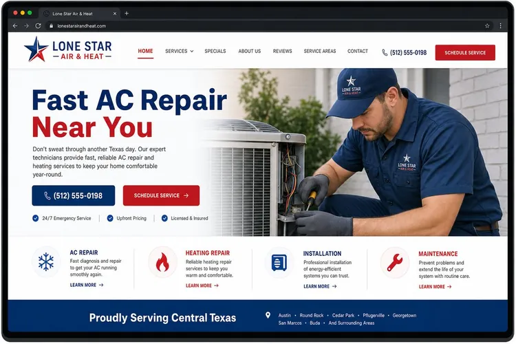 Website mockup for Lone Star Air & Heat, a heating & air business