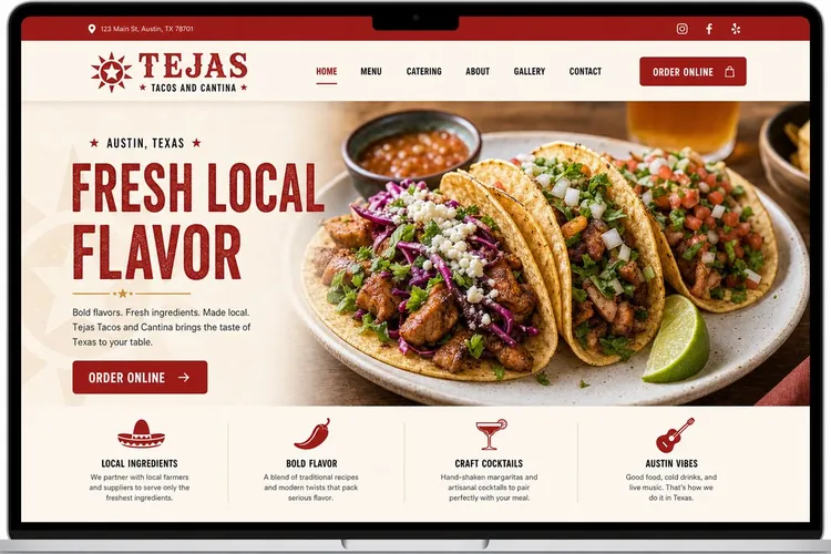Website mockup for Tejas Tacos & Cantina, a restaurant business